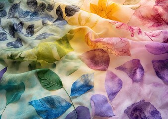 Vibrant Leaf-Printed Silk Fabric Flows Gracefully, Showcasing a Rainbow of Hues with Delicate Details.