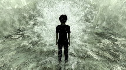 Silhouette Facing Powerful Waves in a Surreal Landscape - Contemplation and Nature's Power