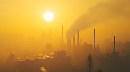 Fototapeta premium Dramatic Sunrise View of a Factory Complex Enveloped in Mist with Smoke Rising Against a Golden Sky, Capturing the Essence of Industrial Life and Environmental Impact