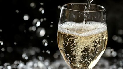 Sparkling wine pouring, dark background, celebration