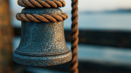 Fototapeta premium A rustic bell hangs from a rope, set against a tranquil water background, evoking a sense of nostalgia and maritime charm.