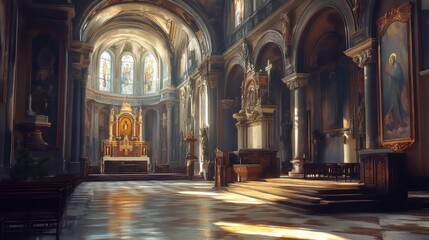 Fototapeta premium Sunlit interior of a grand church