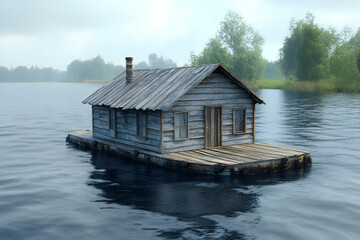 Fototapeta premium Misty Lake Wooden House 3D Illustration