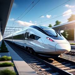 Naklejka premium the AI Image Generator, Speed Modern Train Gliding on Tracks