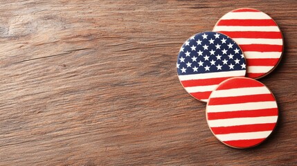 Obraz premium Three circular coasters decorated with the American flag are placed on a wooden surface, showcasing a patriotic theme.