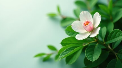 Obraz premium A Delicate White Blossom with Lush Green Foliage on a Soft Background