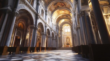 Fototapeta premium Grand cathedral interior, sunlight streams in