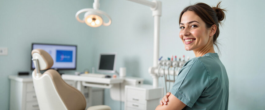 Smiling dental assistant in inviting clinic room, patient comfort - Powered by Adobe