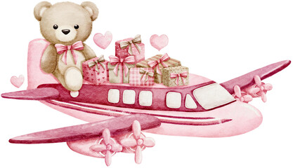 Valentine s Day Watercolor with Pink Airplane and Gift Boxes Vintage style