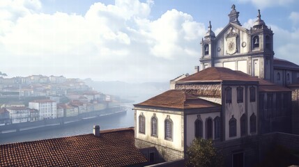 Cityscape with church and river view