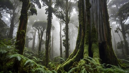 Fototapeta premium Ancient Kauri Tree Shrouded in Mist and Sunlit Splendor