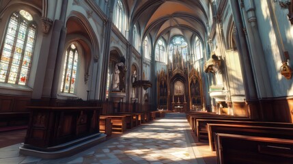 Naklejka premium Sunlit church interior, serene space