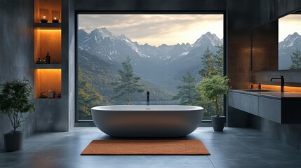 brutalist interior design 3d rendering of a modern bathroom with a panoramic window