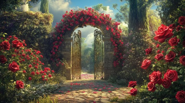 A whimsical scene featuring a grand, white archway adorned with intricate designs,