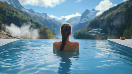 Young woman enjoying serene moment in infinity pool with breathtaking mountain view for relaxation