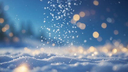 White snow background with blurred bokeh lights and sparkling stars, winter sunlight Background.