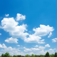 White Cumulus Clouds Drift Across a Vivid Blue Sky Above Green Trees