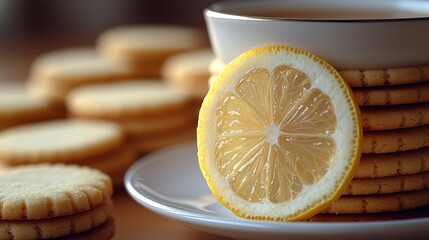 Lemon slice on shortbread biscuits beside teacup.