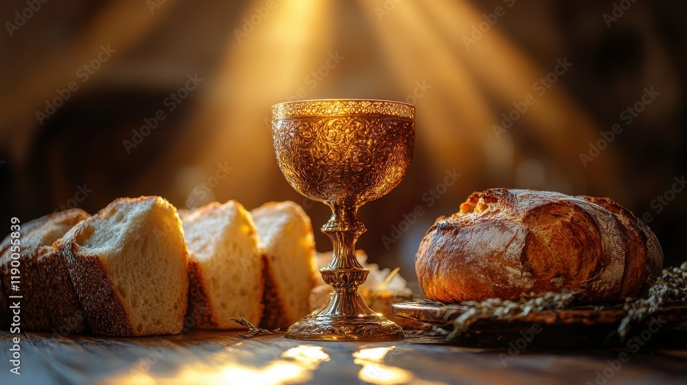 Aufkleber chalice and bread on the table illuminated by the rays of light dark background
