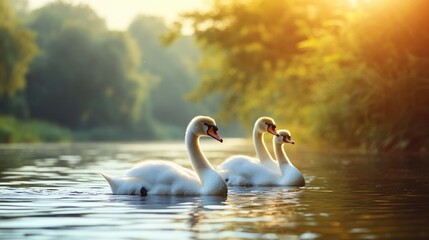 Fototapeta premium Three cygnets swim in a shallow, greenish pond surrounded by tall grasses.
