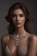 Brunette woman model with high end jewellery in dramatic studio lighting 
