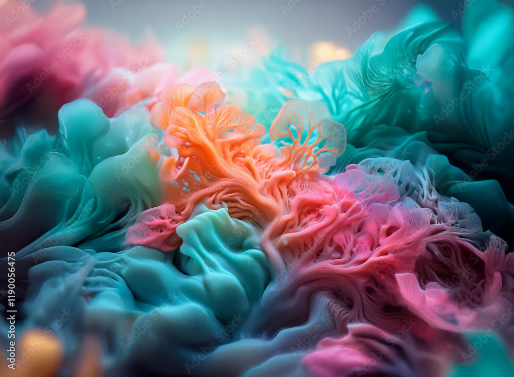 Poster abstract image of swirling, vibrant colors against a soft, luminous background. the colors blend and