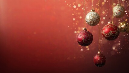 Festive digital illustration of Christmas ornaments on red background, with scattered red and gold baubles hanging on strings.