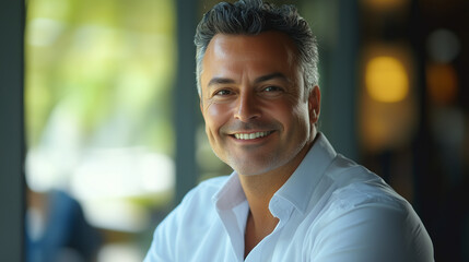 Fototapeta premium Professional portrait of a confident CEO smiling in business attire with a modern office background