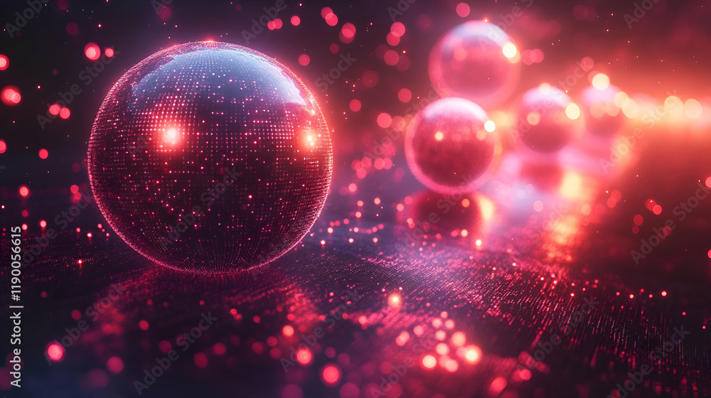 Poster glowing red spheres abstract background with particles and sparkle effects