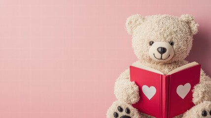 A cute teddy bear holds a red book with heart shapes, set against a soft pink background.