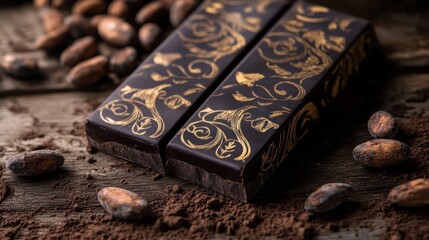 High-end chocolate packaging with intricate designs, accompanied by cocoa beans and gold foil 