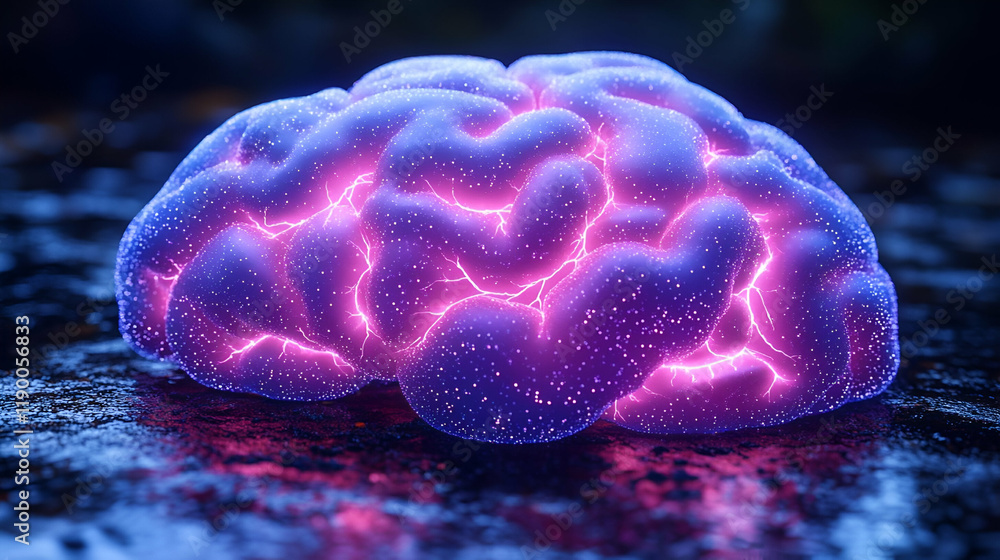 Poster glowing human brain neural network: abstract 3d rendering of mind and consciousness