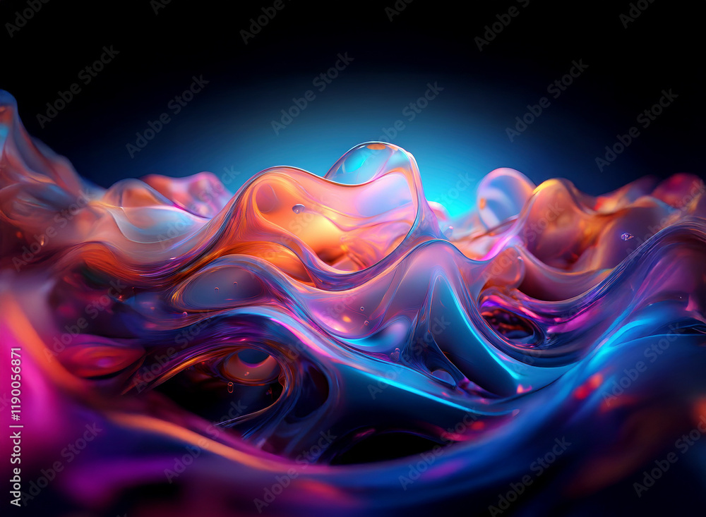 Poster vibrant, flowing liquid forms create a mesmerizing abstract scene against a dark background. the col