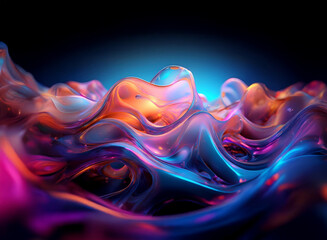 Vibrant, flowing liquid forms create a mesmerizing abstract scene against a dark background.  The colors shift between blues, oranges, and pinks, creating a dynamic and almost otherworldly feel.