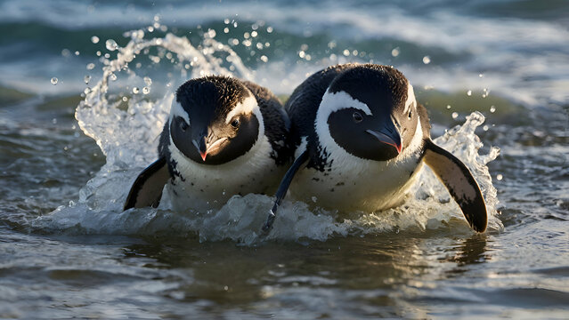 Little Penguins Eudyptula Minor playing in Cute Image of Two Gentoo Penguins Shaking Fins at Bleaker Island,
