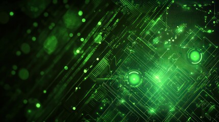 Obraz premium Abstract green digital circuitry with glowing elements, representing technology and innovation.