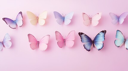A collection of delicate paper butterflies in various shades of pink and lavender,