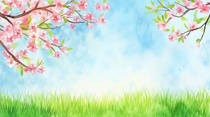 Obraz premium 春の公園｜新緑と満開の桜が彩る穏やかな風景イラスト