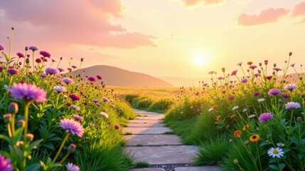 Fototapeta premium Serene Sunset Stroll Through a Vibrant Wildflower Meadow with a Stone Path Leading to the Horizon
