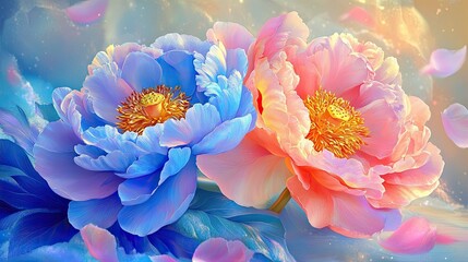 A vibrant arrangement of two large, stylized flowers in soft pastel colors.