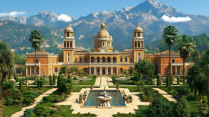 Grand Palace nestled in a lush garden with majestic mountain backdrop