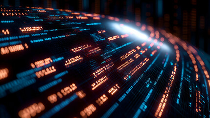 Glowing digital data sphere with curved lines and abstract patterns, representing global network connections and futuristic technology