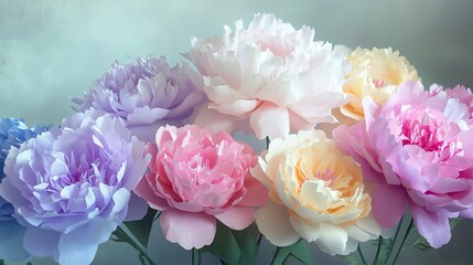 A vibrant arrangement of large, blooming flowers in shades of pink, peach, and blue.