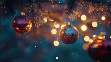A close-up of three festive Christmas ornaments hanging from a branch of a Christmas tree.