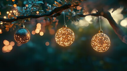 A close-up of three festive Christmas ornaments hanging from a branch of a Christmas tree.