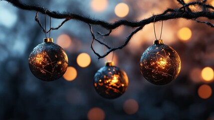 A close-up of three festive Christmas ornaments hanging from a branch of a Christmas tree.