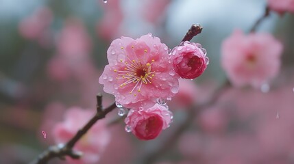 A close-up of delicate pink cherry blossoms on a branch, set against a soft blue background with subtle bokeh effects.