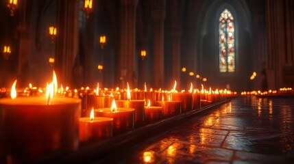 Lit candles in a church at night