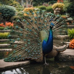 Obraz premium A striking peacock spreading its tail feathers in a serene botanical garden with a koi pond in the background.
