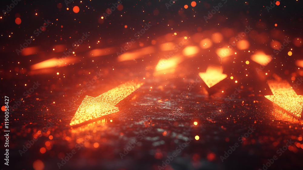Poster glowing arrows in dark abstract background with sparkles and fire effect